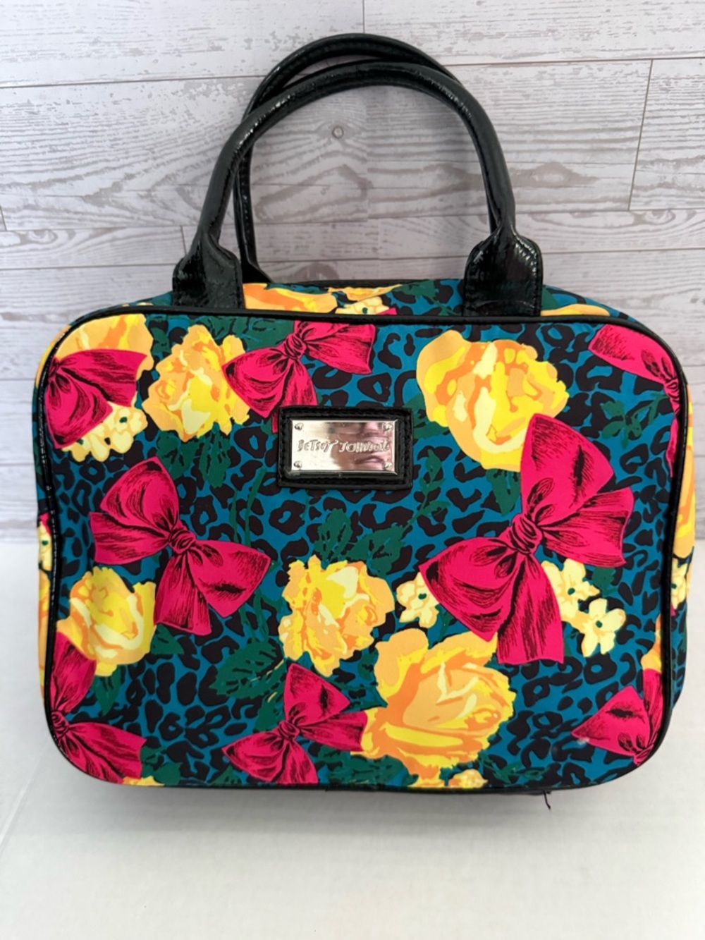Betsey Johnson Cosmetic makeup travel Bag Pink Bows & Yellow Flowers cheetah